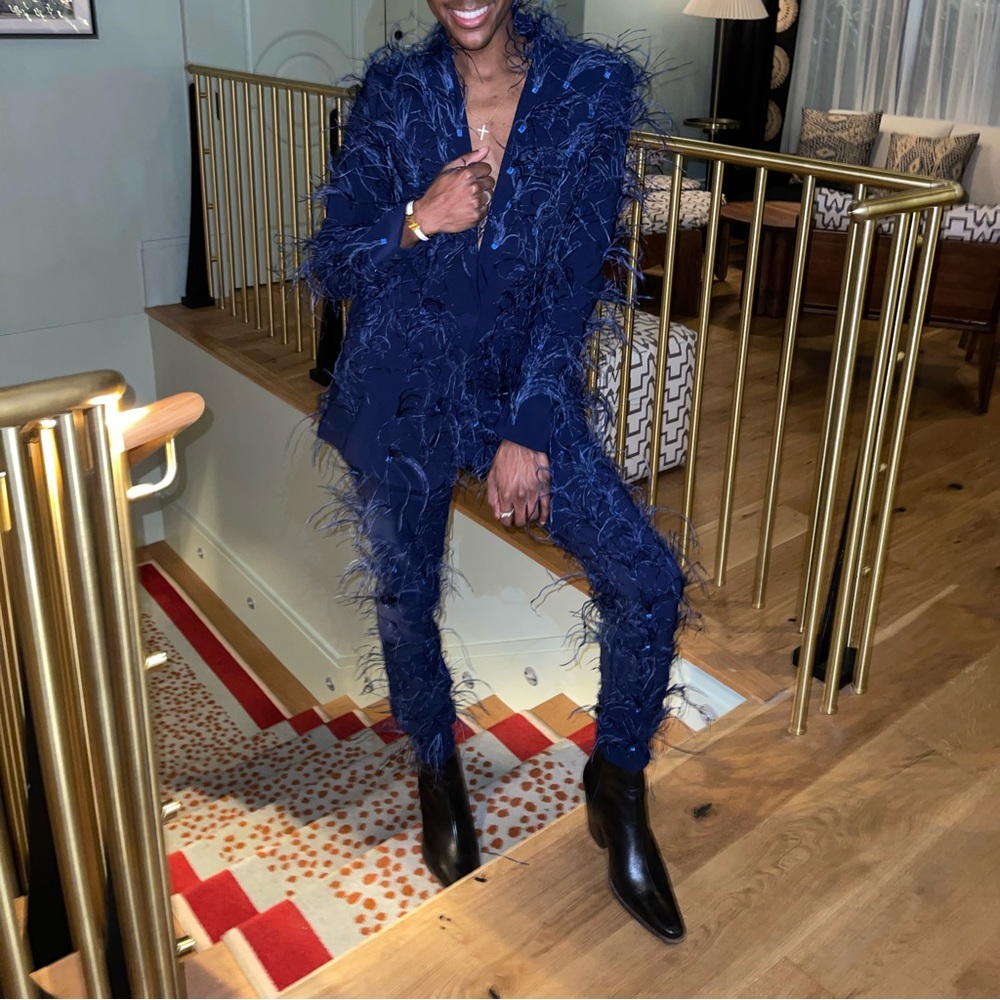 Navy Feather Suit (Blazer + Pants)